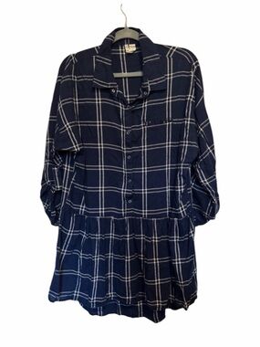 🔸 Navy Blue Plaid Cotton Shirt Dress